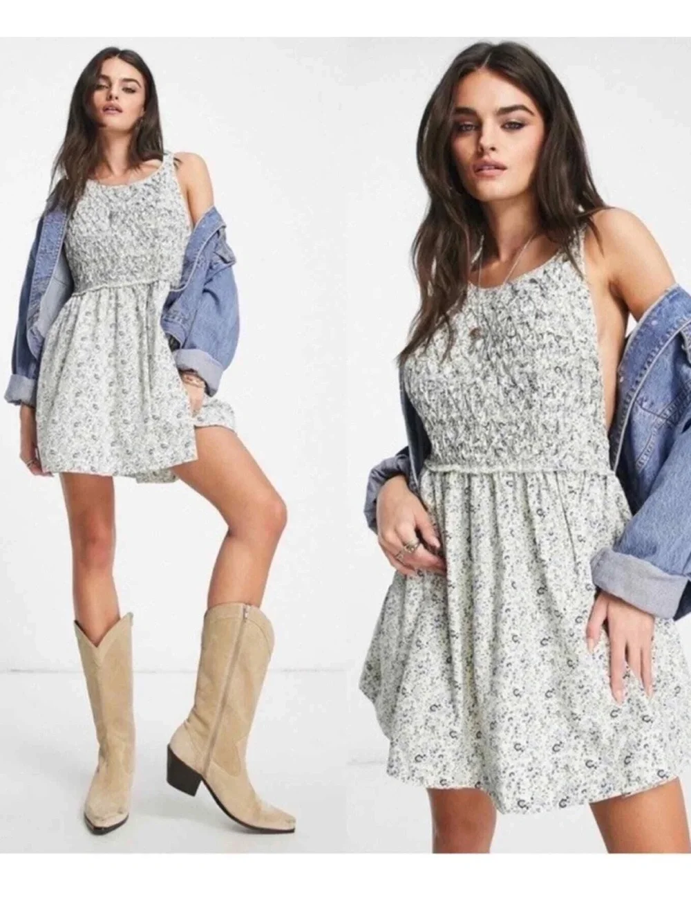 NWT Free People Petunia Mini Dress, Cream Blue Floral, Women's Medium - Picture 16 of 16